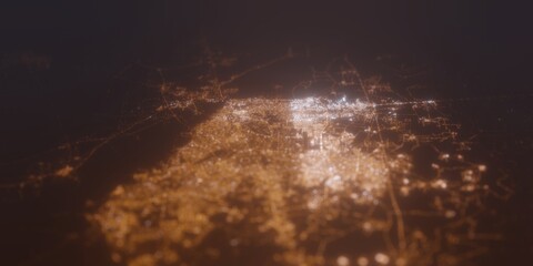Street lights map of Lahore (Pakistan) with tilt-shift effect, view from south. Imitation of macro shot with blurred background. 3d render, selective focus