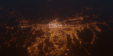 Street lights map of Ulanbaatar (Mongolia) with tilt-shift effect, view from north. Imitation of macro shot with blurred background. 3d render, selective focus
