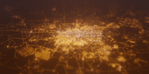 Street lights map of Aleppo (Syria) with tilt-shift effect, view from north. Imitation of macro shot with blurred background. 3d render, selective focus