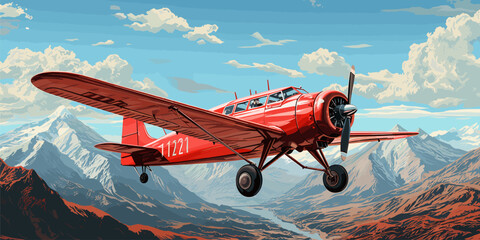 red vintage plane flying in the blue sky, digital art style - obrazy, fototapety, plakaty