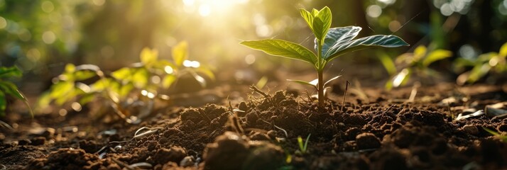Sunlit Sapling: The Growth of a Young Plant in Nature's Light - obrazy, fototapety, plakaty