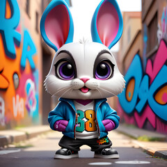 Illustration of a funny bunny cgi graffiti character with graffiti in the background, colorful