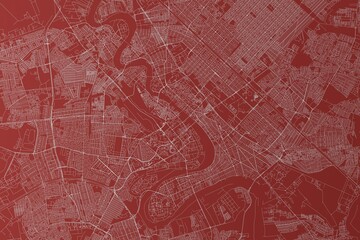 Map of the streets of Baghdad (Iraq) made with white lines on red background. Top view. 3d render, illustration