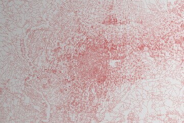 Map of the streets of Yogyakarta (Indonesia) made with red lines on white paper. 3d render, illustration