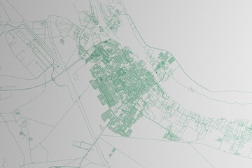 Map of the streets of Basra (Iraq) made with green lines on white paper. 3d render, illustration