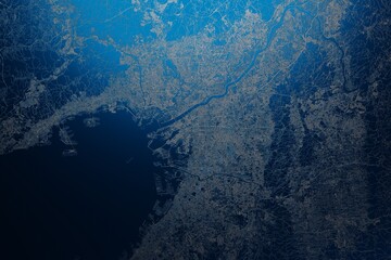 Street map of Osaka (Japan) engraved on blue metal background. View with light coming from top. 3d render, illustration