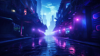 A cyberpunk cityscape at night, bathed in neon lights of blue and purple hues, reflecting off wet urban streets amidst futuristic architecture. - obrazy, fototapety, plakaty