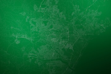 Map of the streets of Sendai (Japan) made with white lines on abstract green background lit by two lights. Top view. 3d render, illustration - obrazy, fototapety, plakaty