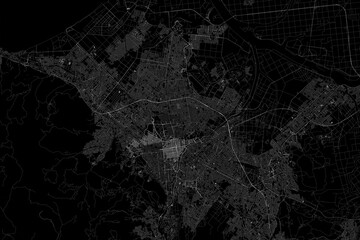 Stylized map of the streets of Sapporo (Japan) made with white lines on black background. Top view. 3d render, illustration