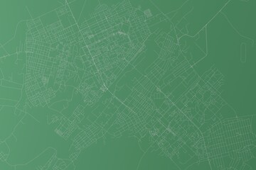 Stylized map of the streets of Karaganda (Kazakhstan) made with white lines on green background. Top view. 3d render, illustration