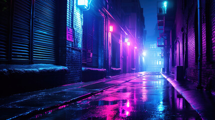 A captivating cyberpunk scene in an urban alley at night. Blue and purple neon lights reflect on the wet ground, creating an eerie yet mesmerizing atmosphere.