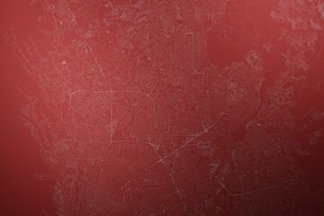 Map of the streets of Quezon City (Philippines) made with white lines on abstract red background lit by two lights. Top view. 3d render, illustration - obrazy, fototapety, plakaty