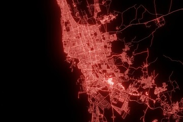 Street map of Jeddah (Saudi Arabia) made with red illumination and glow effect. Top view on roads network. 3d render, illustration - obrazy, fototapety, plakaty