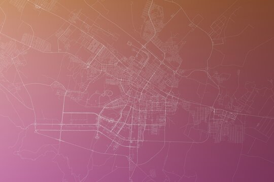 Map of the streets of Ashgabat (Turkmenistan) made with white lines on pinkish red gradient background. Top view. 3d render, illustration