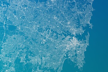 Fototapeta premium Map of the streets of Sydney (Australia) made with white lines on greenish blue gradient background. 3d render, illustration