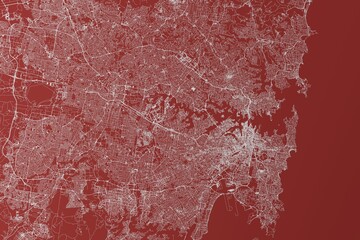 Map of the streets of Sydney (Australia) made with white lines on red background. Top view. 3d render, illustration - obrazy, fototapety, plakaty