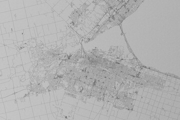 Map of the streets of Hamilton (Canada) made with black lines on grey paper. Top view. 3d render, illustration