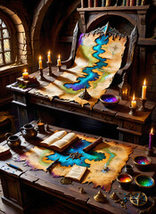 magical fantasy map in magical library