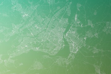 Map of the streets of Montreal (Canada) made with white lines on yellowish green gradient background. Top view. 3d render, illustration - obrazy, fototapety, plakaty