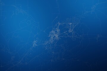 Stylized map of the streets of Sudbury (Canada) made with white lines on abstract blue background lit by two lights. Top view. 3d render, illustration