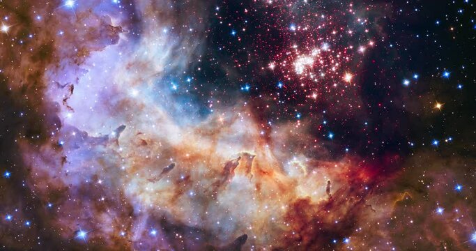 Zoom in on Milky Way galaxy, colorful Nebula and stars of a star cluster in the Carina constellation as taken by the Hubble Telescope. Video based on images by NASA, ESA and Hubble Heritage Team.