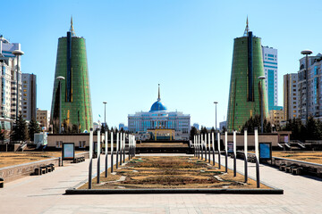 View of the presidential palace and pedestrian avenue in the center of the capital Astana. Republic...