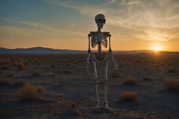 A skeletal figure stands tall in a barren landscape