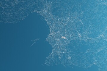 Map of the streets of Marseille (France) made with white lines on blue paper. Rough background. 3d render, illustration