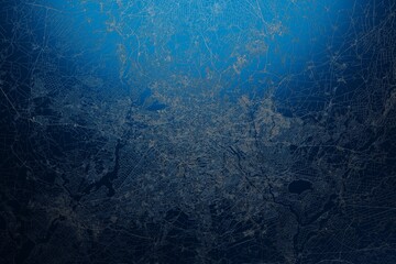 Street map of Berlin (Germany) engraved on blue metal background. View with light coming from top. 3d render, illustration