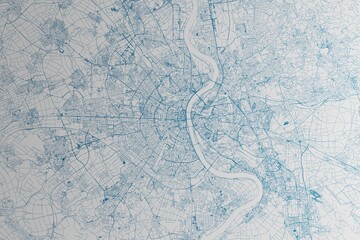 Map of the streets of Cologne (Germany) made with blue lines on white paper. 3d render, illustration