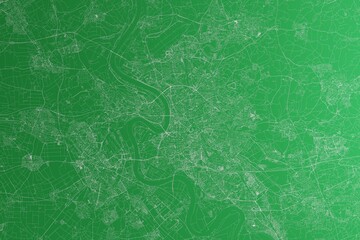Map of the streets of Dusseldorf (Germany) made with white lines on green paper. Rough background. 3d render, illustration