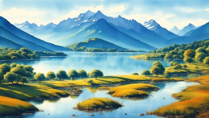 Mountains forests and a lake watercolor landscape background. Illustration, AI Generated