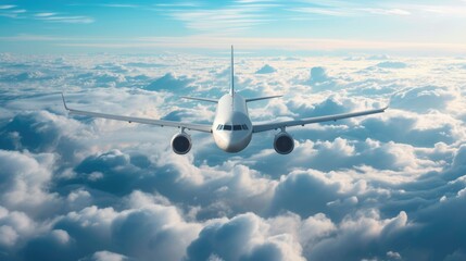 Commercial airplane fly sky above cities. Passenger plane flight. Aircraft cruising high altitude. Business jet propelling forward. Fluffy white cumulus clouds. Travel destination rount. Vacation trip