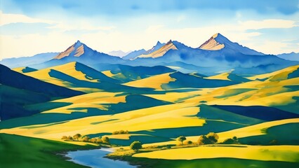 watercolor composition of a mountain landscape with soft transitions from the blue sky. Illustration, AI Generated
