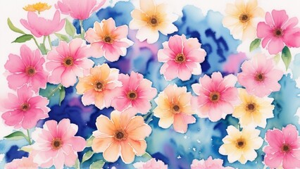 Elegant artistic watercolor illustration featuring a swath of blue and pink flowers with splashes of orange, suitable for springtime or Mother's Day themes. Illustration, AI Generated