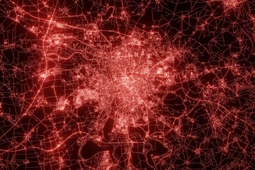 Street map of Leipzig (Germany) made with red illumination and glow effect. Top view on roads network. 3d render, illustration