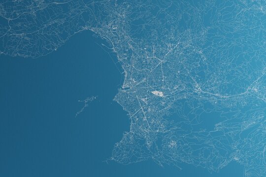 Fototapeta Map of the streets of Marseille (France) made with white lines on blue paper. Rough background. 3d render, illustration