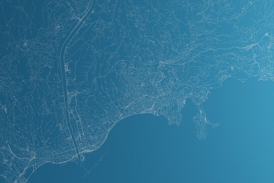Map of the streets of Nice (France) made with white lines on blue paper. Rough background. 3d render, illustration