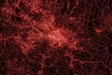 Street map of Florence (Italy) made with red illumination and glow effect. Top view on roads network. 3d render, illustration - obrazy, fototapety, plakaty