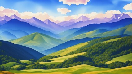 watercolor composition of a mountain landscape with soft transitions from the blue sky. Illustration, AI Generated - obrazy, fototapety, plakaty