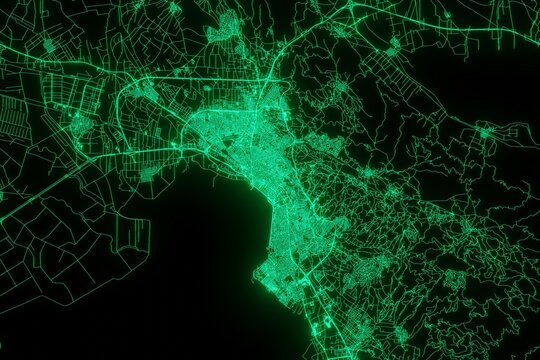 Map of the streets of Thessaloniki (Greece) made with green illumination and glow effect. Top view on roads network. 3d render, illustration