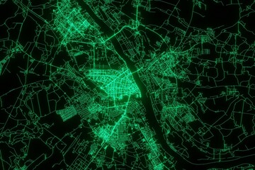 Map of the streets of Yaroslavl (Russia) made with green illumination and glow effect. Top view on roads network. 3d render, illustration
