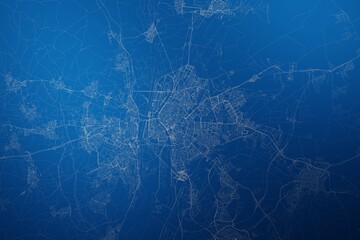 Stylized map of the streets of Seville (Spain) made with white lines on abstract blue background lit by two lights. Top view. 3d render, illustration