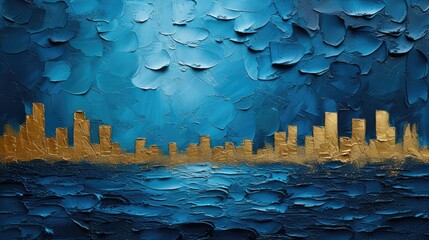 Fototapeta premium Generative AI, Blue and golden painted cityscape, impasto textured style, dark landscape with sun