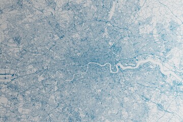 Map of the streets of London (UK) made with blue lines on white paper. 3d render, illustration