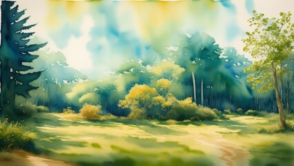 An abstract watercolor interpretation of a forest, with layered washes of green, blue, and earthy tones creating depth and texture. Illustration, AI Generated