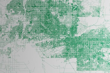 Map of the streets of Phoenix (Arizona, USA) made with green lines on white paper. 3d render, illustration