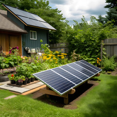 Solar panel array in a backyard garden 