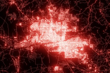 Street map of Phoenix (Arizona, USA) made with red illumination and glow effect. Top view on roads network. 3d render, illustration - obrazy, fototapety, plakaty