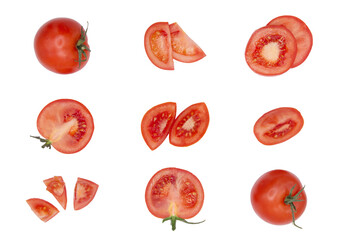 Composition of whole tomatoes and tomatoes slices isolated on a cutout PNG transparent background